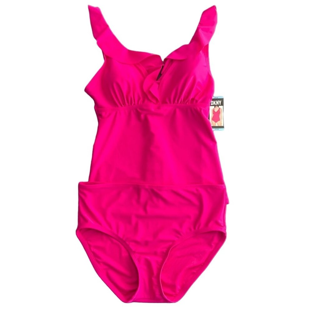 DKNY V-Neck Ruffle Tankini Pink Swimsuit Set Full Coverage Bottom Size Large - Picture 8 of 10